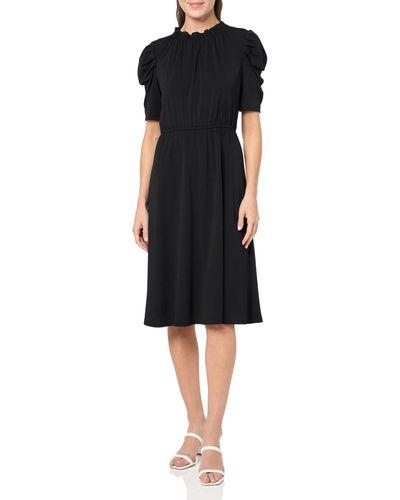 Adrianna Papell Solid Knit Ruffle Neck Pleated Sleeve Midi Dress - Black