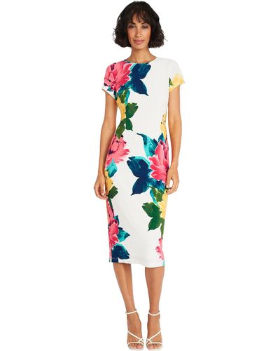 Maggy London Placement Print Matte Jersey Midi Sheath Career Office Workwear Event Occasion Guest Of - White