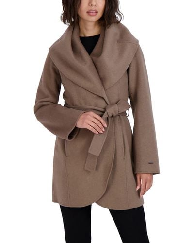Tahari Double Face Wool Blend Wrap Coat With Oversized Collar - Brown