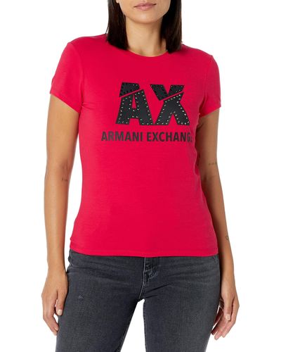 Armani Exchange | Womens Studded Logo Slim Fit Scoop Neck Tee T Shirt - Red