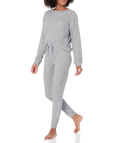 Tommy Hilfiger Womens Rib Logo Neck Pullover Top And Cuffed Bottom Pj Pajama Set - Gray