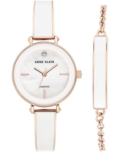 Anne Klein Genuine Diamond Dial Rose Gold-tone And White Bangle Watch With Bracelet Set - Metallic