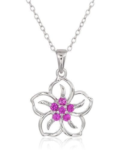Amazon Essentials Sterling Silver Created Ruby Flower Pendant Necklace - White