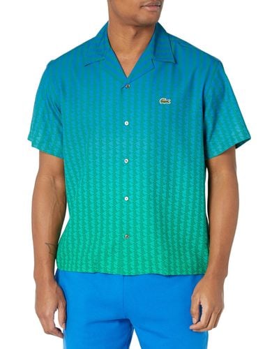 Lacoste Relaxed Fit Short Collar Button Down Shirt W/ombre Aop L Graphic W/stripes On The Sleeves - Blue