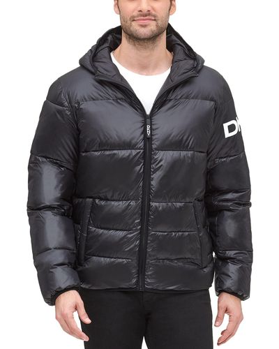 DKNY Water Resistant Ultra Loft Hooded Logo Puffer Jacket - Black
