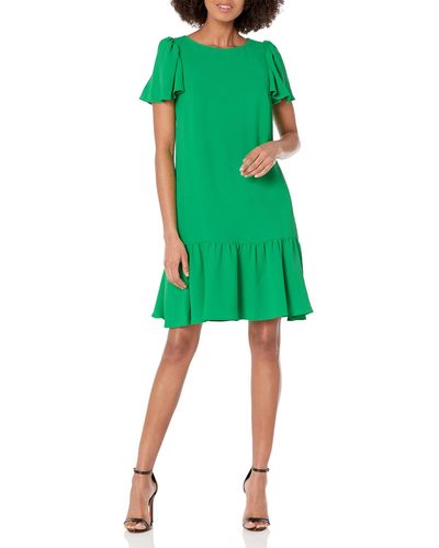 DKNY Flowy Short Sleeve Ruffle Hem Dress - Green
