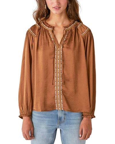 Lucky Brand Embroidered Satin Peasant Top - Brown