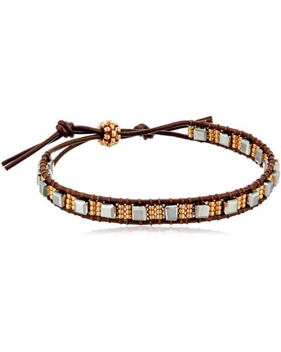 Miguel Ases Pyrite Cube And Miyuki Mixed Metal Single Row Brown Leather Slip Knot Bracelet