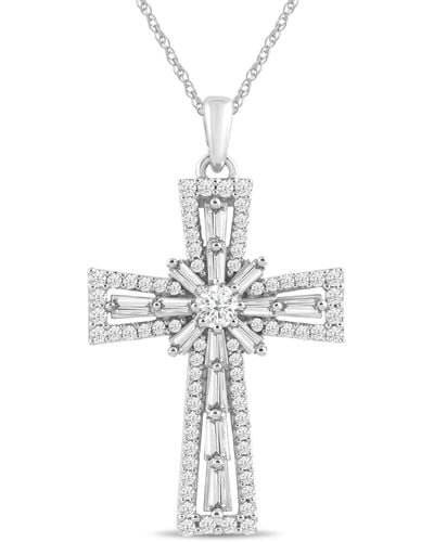 Amazon Essentials 10k White Gold Diamond Cross Pendant Necklace - Metallic