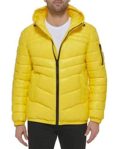 Guess Long Sleeve Midweight Hooded Puffer - Yellow