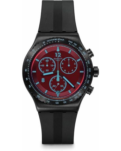 Swatch Casual Watch Black Quartz Stainless Steel Crimson Mystique - Red