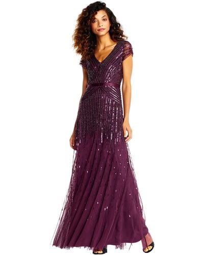 Adrianna Papell Long Beaded V-neck Dress With Cap Sleeves And Waistband - Purple