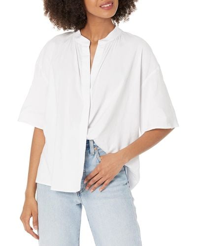 Vince S S/s Shirred Band Collar Blouse,optic White,2x