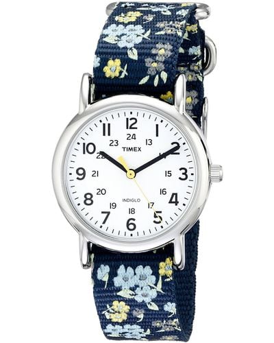 Timex T2p370 Weekender 31mm Blue Floral Nylon Slip-thru Strap Watch - Multicolor