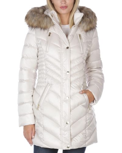 Laundry by Shelli Segal 3/4 Puffer Jacket With Faux Fur Striped Hood - Natural