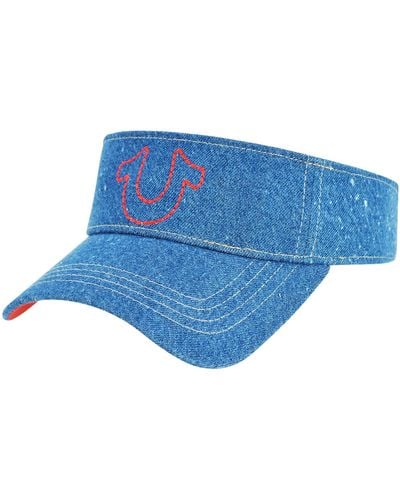 True Religion Hat, Cotton Denim Sun Visor Cap With Horseshoe Logo, Blue And Red, One Size