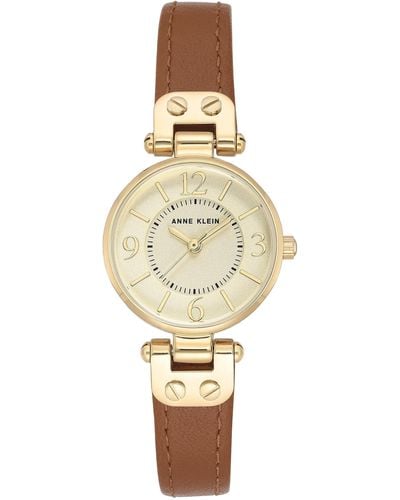 Anne Klein 109442chhy Gold-tone Champagne Dial And Brown Leather Strap Watch - Natural