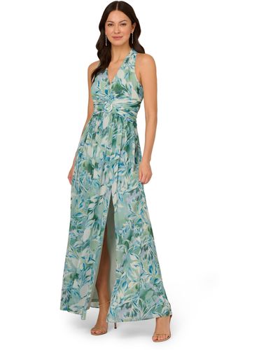 Adrianna Papell Chiffon Leaf Long Dress - Blue