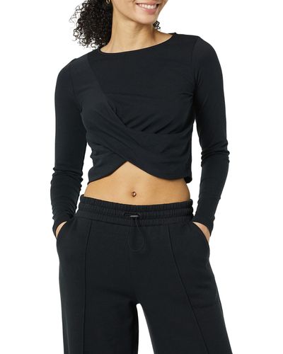 Core 10 Soft Cotton Knot Front Cropped Long Sleeve Yoga T-shirt - Black