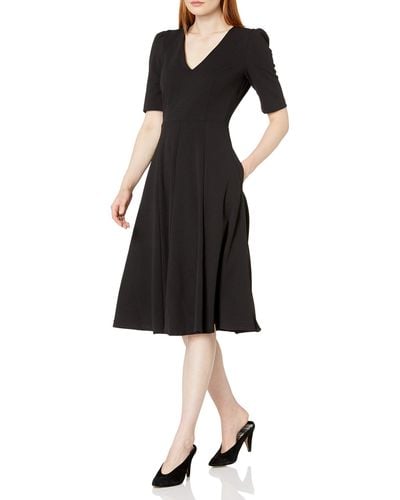 Donna Morgan Stretch Crepe Elbow Sleeve V-neck Fit And Flare Midi Dress - Black