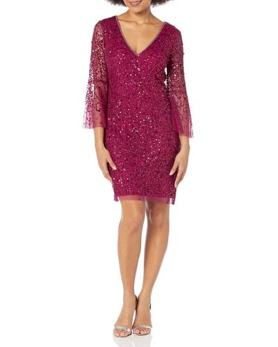 Adrianna Papell Beaded Sequin Bell Sleeve Drs - Red