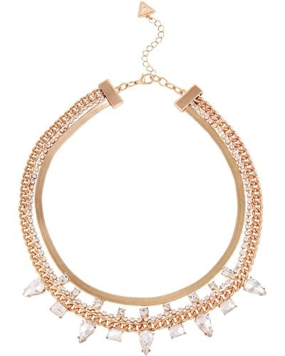 Guess Gold-tone Duo Flat Sleek Chain Paired With Stone Accented Chain Layered Necklace Set - Metallic