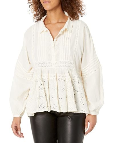 Lucky Brand Long Sleeve Embroidered Button Down Top - White
