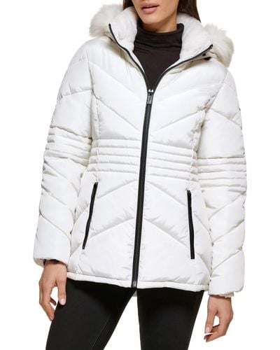 Guess Short Hooded Puffer Coat With Faux Fur Bib - White