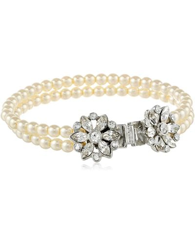 Ben-Amun Swarovski Crystal Floral Design Glass Pearl Strand Bracelet For Bridal Wedding Anniversary - Black