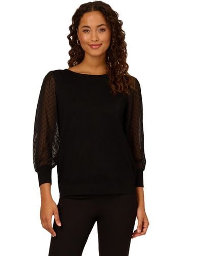 Adrianna Papell Bateau Neck Clip Dot 3/4 Sleeve Sweater - Black
