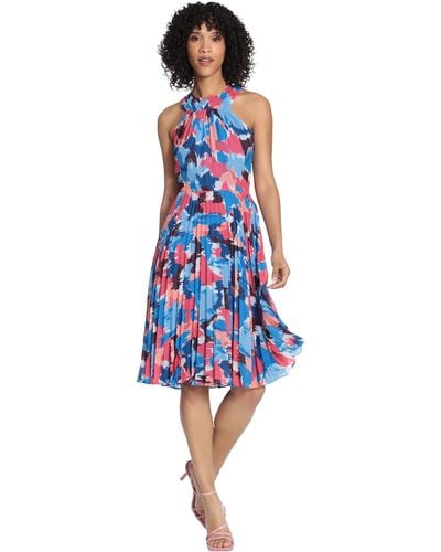 Maggy London Halter Neck Dress With Pleated Skirt - Blue