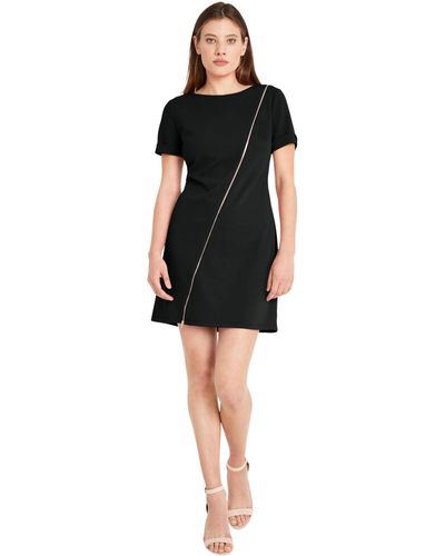 Donna Morgan Short Sleeve Scuba Crepe Dress With Zipper Detail - Black