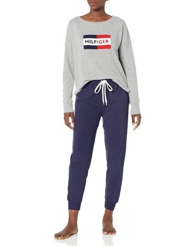 Tommy Hilfiger Womens Chenille Pullover Long Sleeve Top And Bottom Pj Pajama Set - Blue