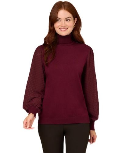 Adrianna Papell Long Woven Sleeve Turtleneck Sweater - Red