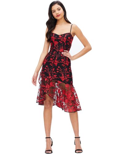 Dress the Population Cantrelle Sweetheart Neck Mesh Midi Dress - Red