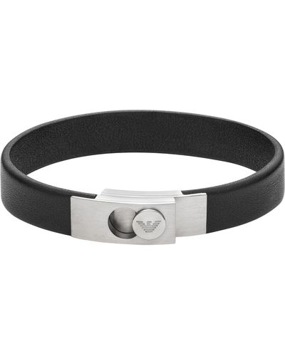 Emporio Armani And Silver Stainless Steel And Black Leather Strap Bracelet