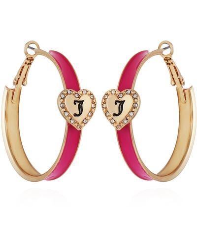 Juicy Couture Goldtone And Hot Pink Mini Hoops With Heart Pendant Earrings