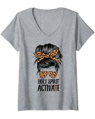 Perry Ellis S Trendy Religious Holy Spirit Cool Mom Life Leopard Print V-neck T-shirt - Gray