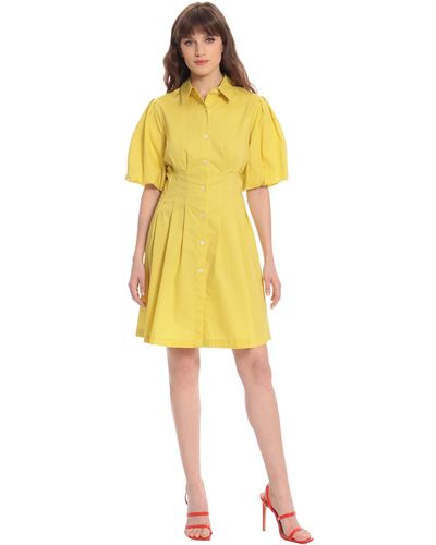 Donna Morgan Button Up Shirt Dress With Puff Sleeves And Collar - Yellow
