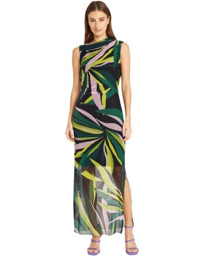 Donna Morgan Side Pleat Maxi Dress With Gathered Neck And Asymmetric Shoulders - Green