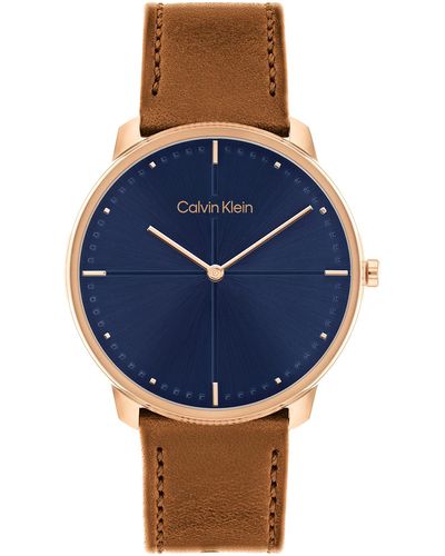 Calvin Klein Quartz Ionic Plated Carnation Gold Steel Case And Leather Strap Watch - Blue