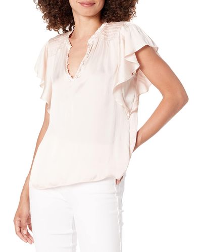 PAIGE Womens Dewan Top Flutter Sleeve Cascading Ruffles Smocking At The Yoke In Cream Tan Blouse - White