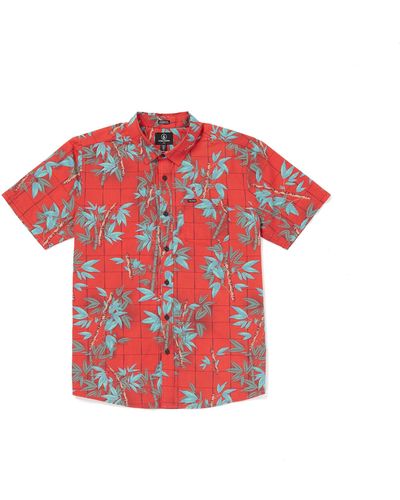Volcom Regular Marble Floral Short Sleeve Button Down Hawaiian Shirt - Red
