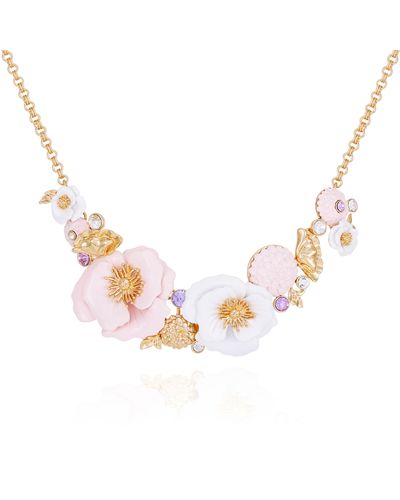 Guess Goldtone Pink And White Floral Statement Necklace - Metallic