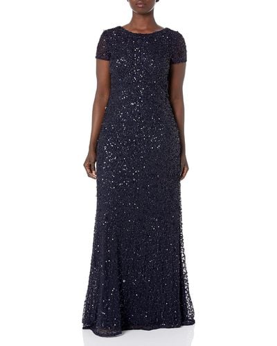 Adrianna Papell Short Sleeve All Over Sequin Gown - Blue