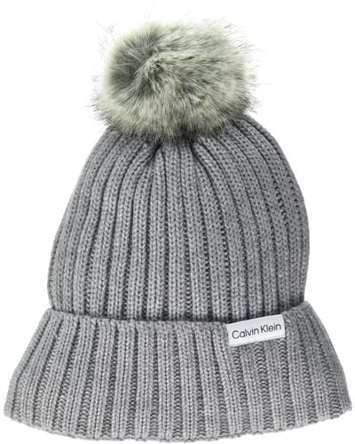 Calvin Klein Warm Fleece Lined Faux Fur Pom Hat - Gray