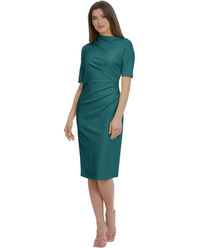 Maggy London Side Pleat Dress With Asymmetric Neck And Elbow Sleeves - Green