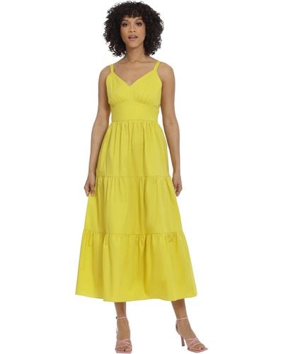 Maggy London V-neck Cotton Tiered Maxi Vacation Resort Event Guest Of - Yellow