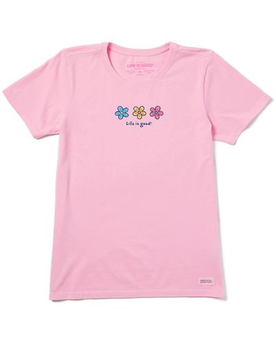 Life Is Good. Vintage Crusher Graphic T-shirt Three Daisies - Pink
