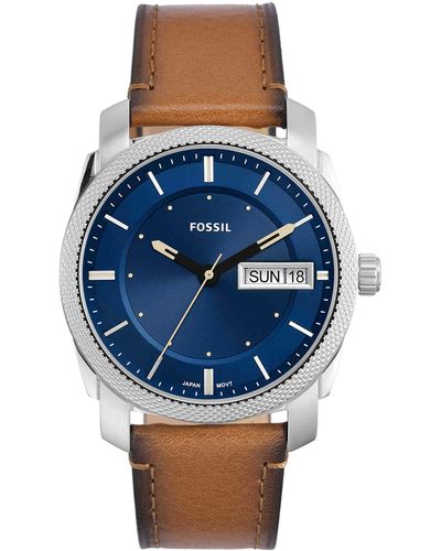 Fossil Machine Quartz Silver And Leather Three-hand Watch - Blue